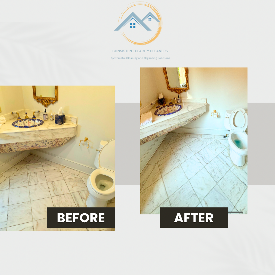 A before and after photo of a bathroom with a toilet and sink.