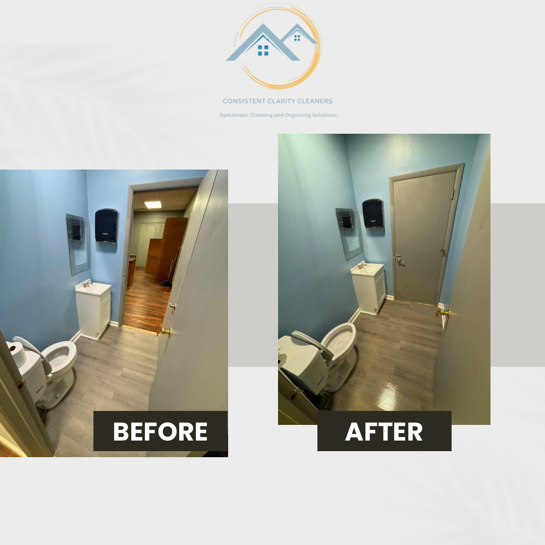 A before and after photo of a bathroom with a toilet and a sink.