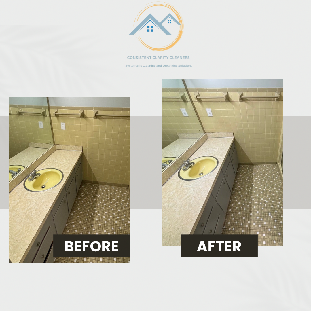 A before and after picture of a bathroom with two sinks and a mirror.