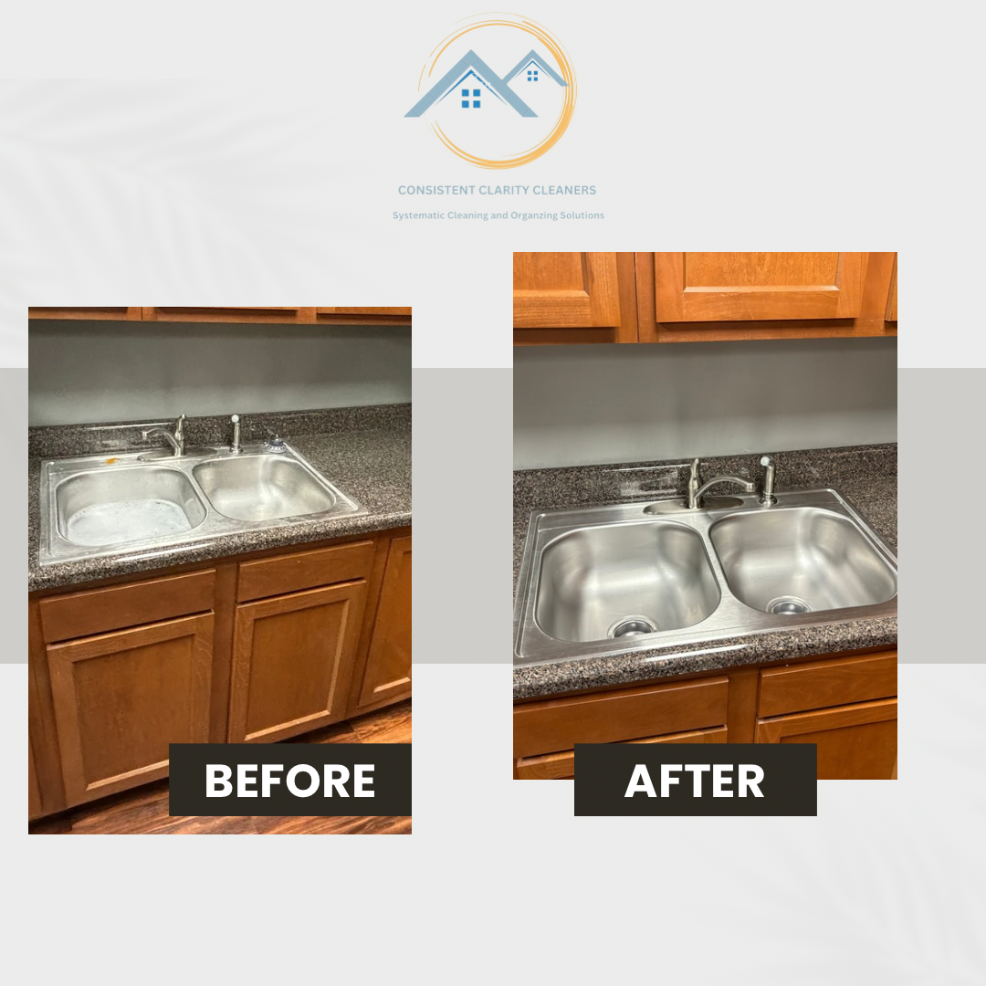 A before and after photo of a kitchen sink.