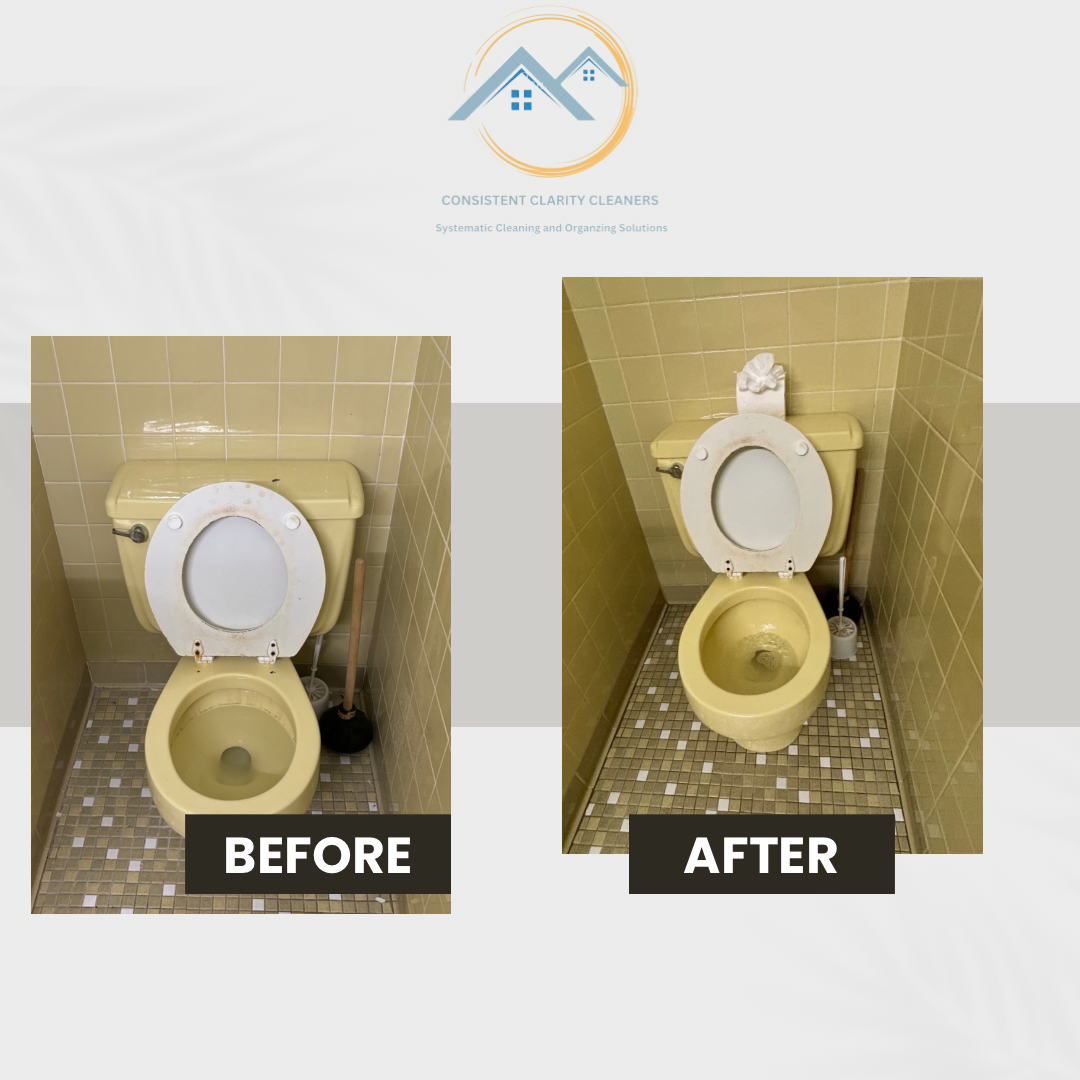 A before and after picture of a toilet in a bathroom.