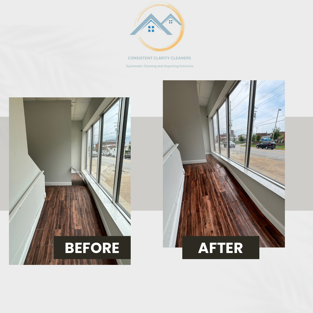 A before and after photo of a room with hardwood floors.