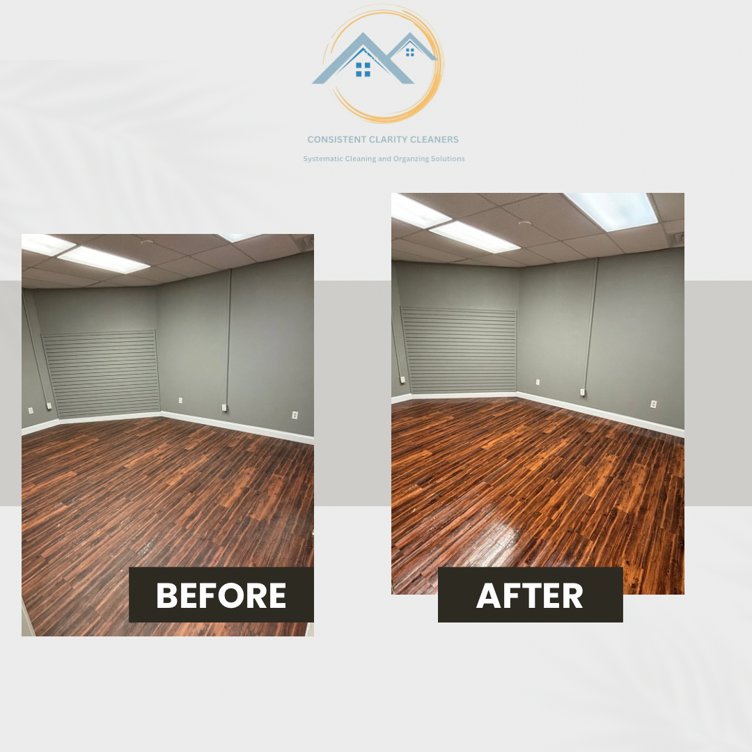 A before and after photo of a room with hardwood floors.