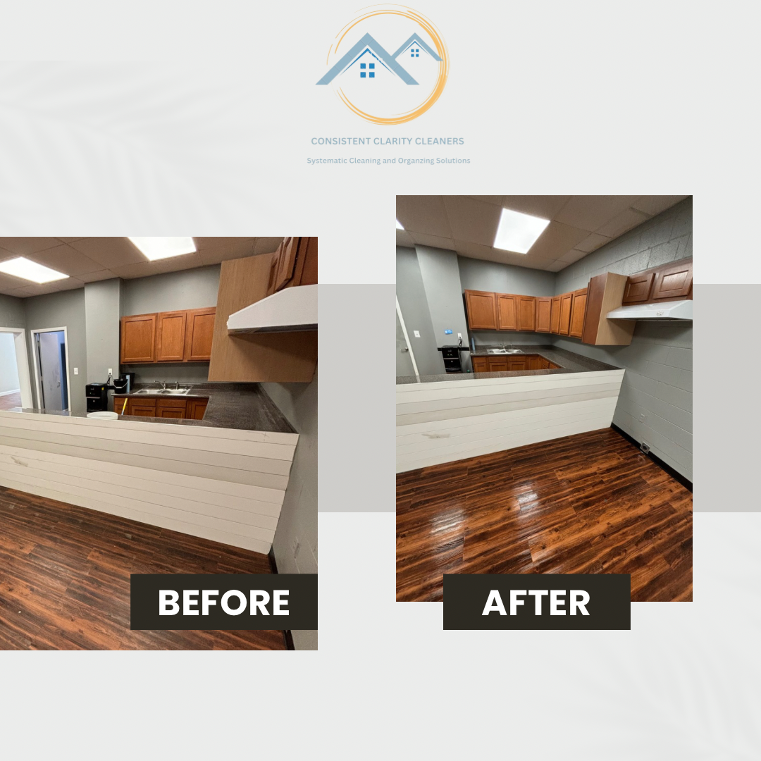 A before and after photo of a kitchen with wood floors