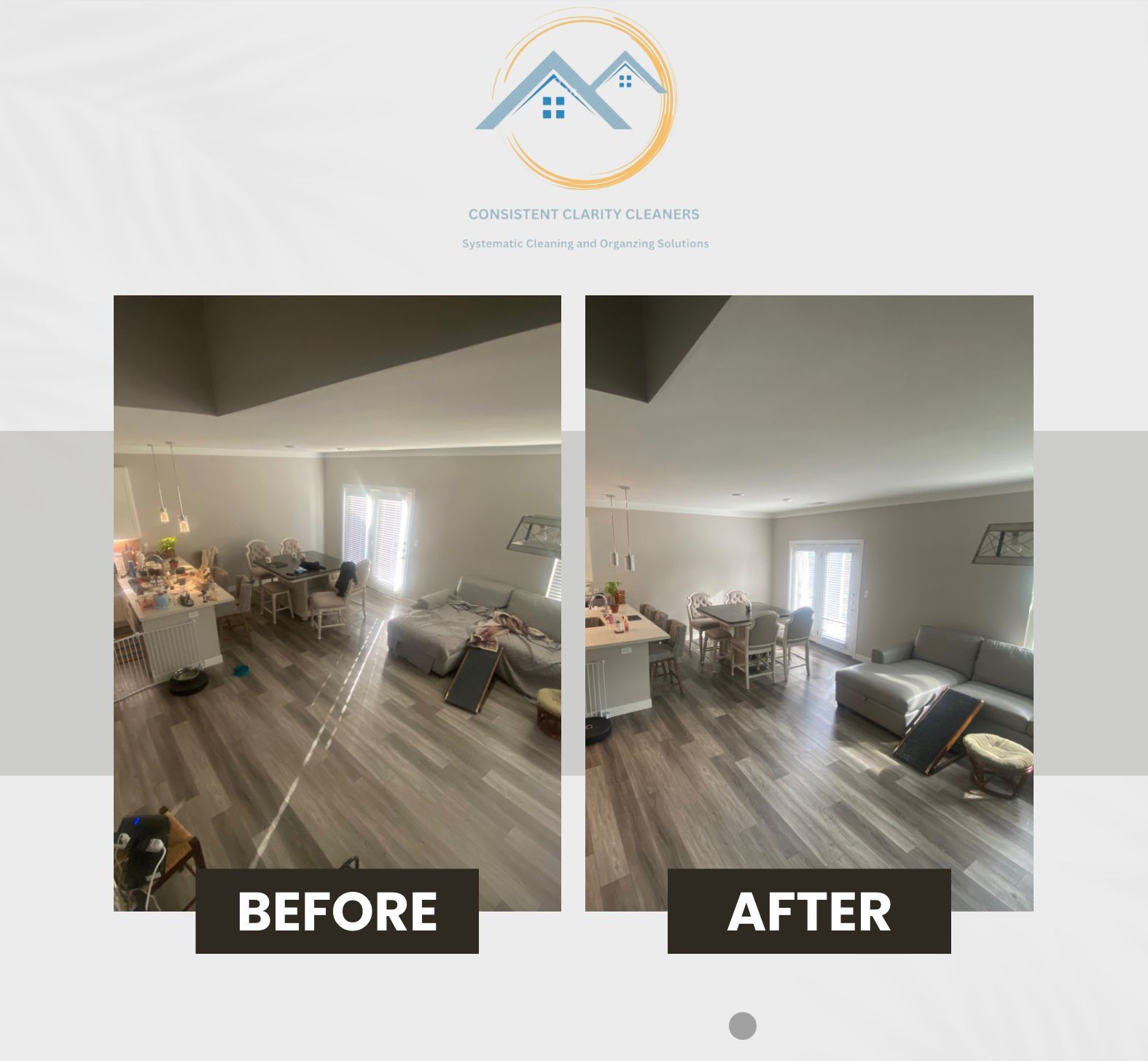 A before and after photo of a living room and dining room.