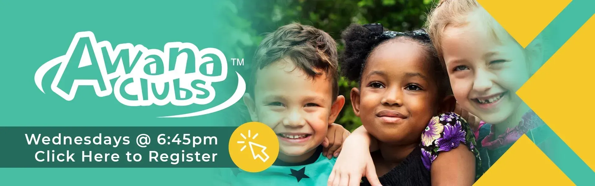 Awana Clubs ad with smiling children of different races. Teal background with text and a registration button.