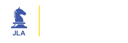 Blue JLA logo with a chess knight and yellow vertical line on white background