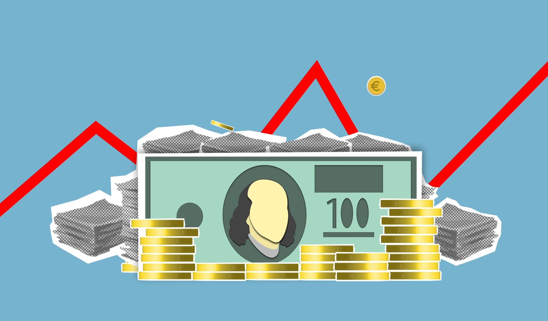 Dollar bills and coins with a red upward graph against a blue background