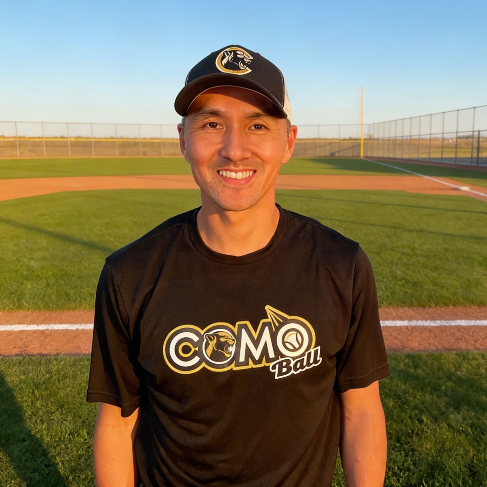 Man in green polo stands on a football field, arms crossed, stadium in background.