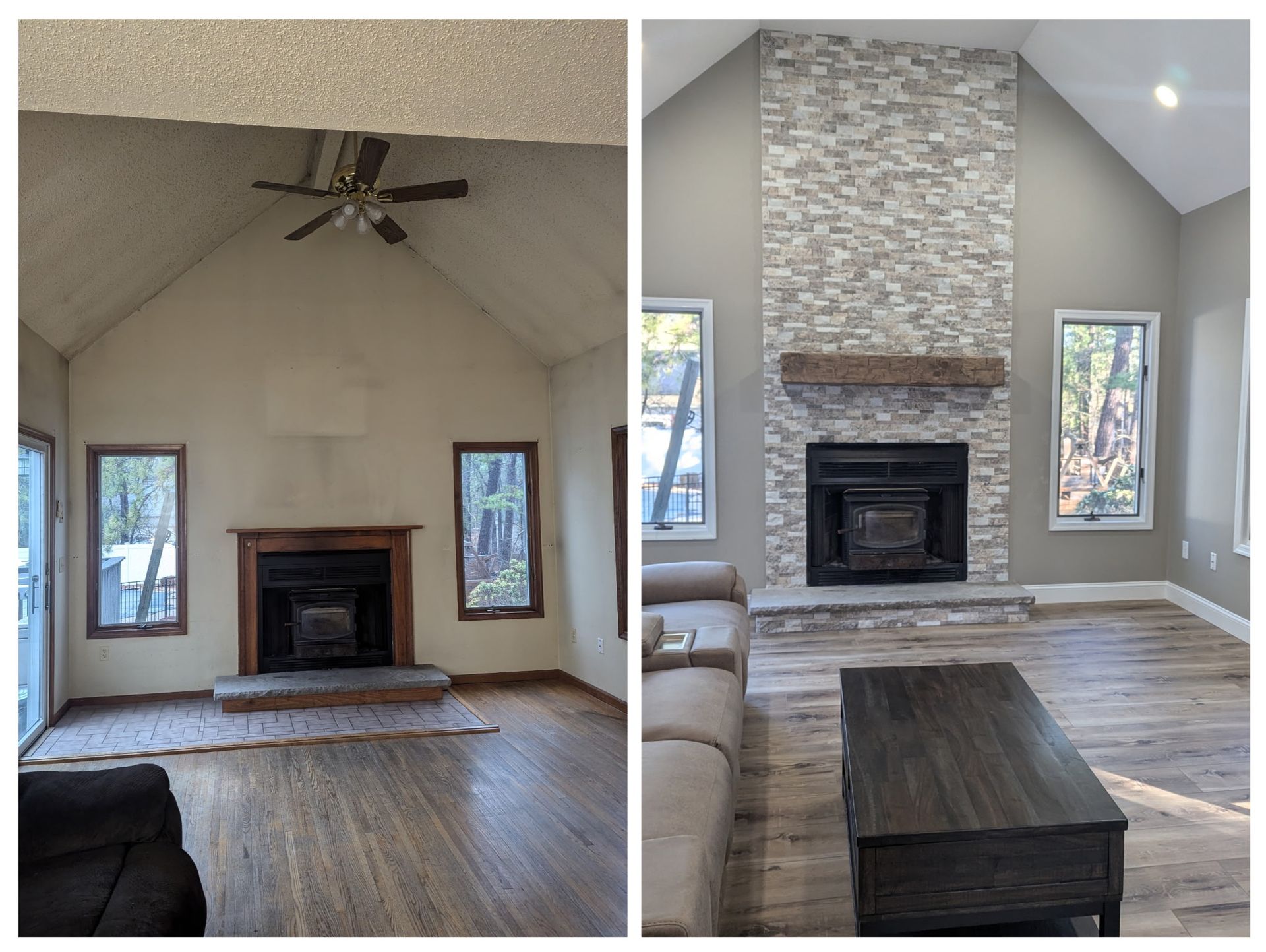Before-and-after photos of a living room renovation featuring a new stacked stone fireplace and vaulted ceilings.