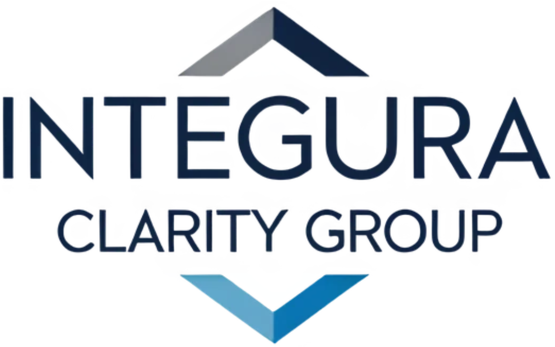 Integra Clarity Group logo with dark blue text and geometric shapes.