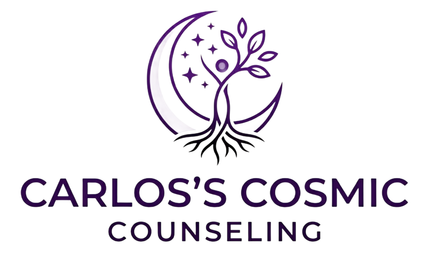 Logo for Carlos’s Cosmic Counseling with a purple crescent moon, tree roots, and stars