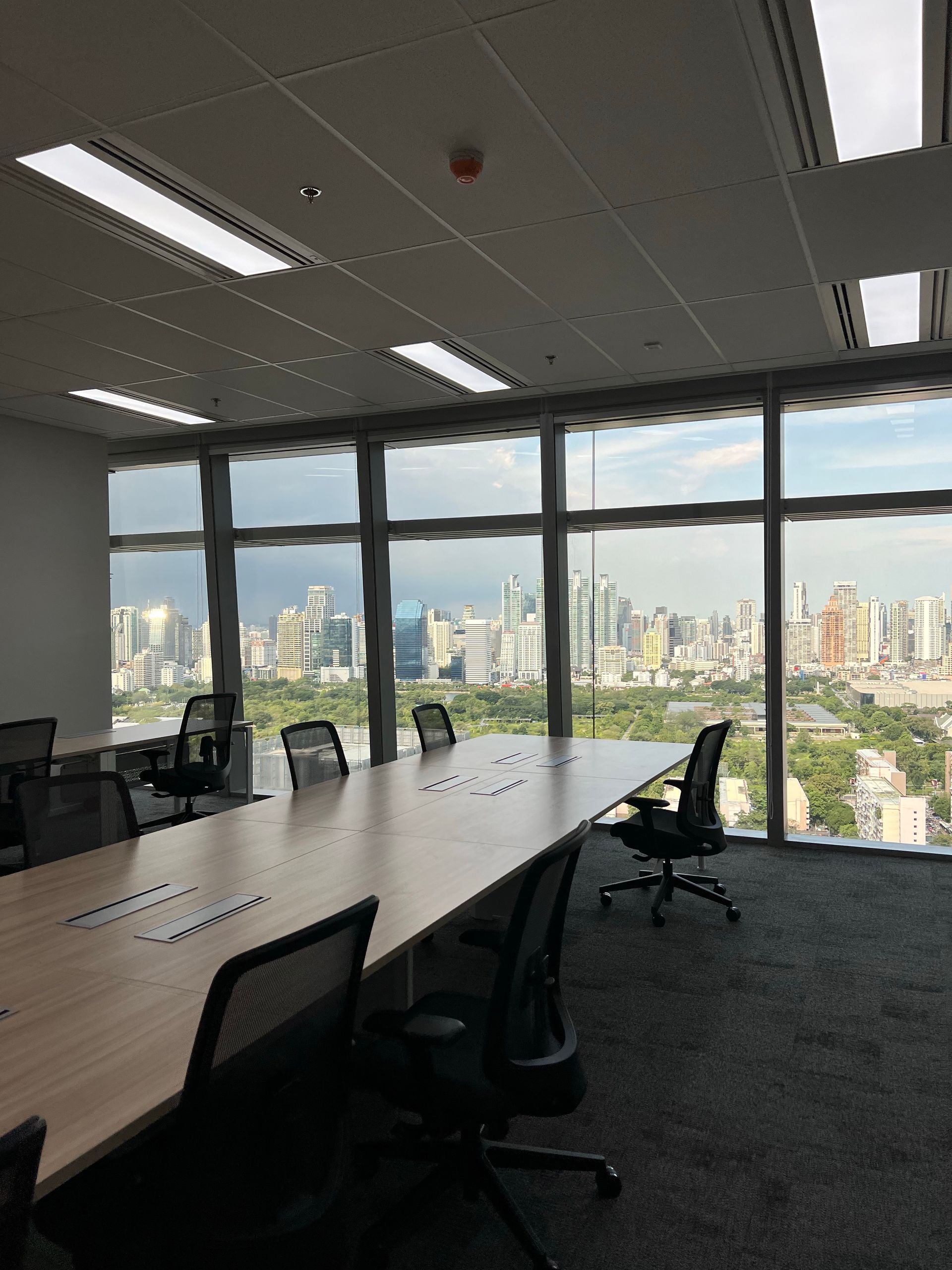 Conference room with a long table, chairs, and a city view through large windows.