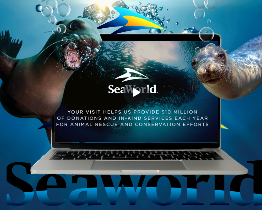 An advertisement for seaworld with seals on the screen