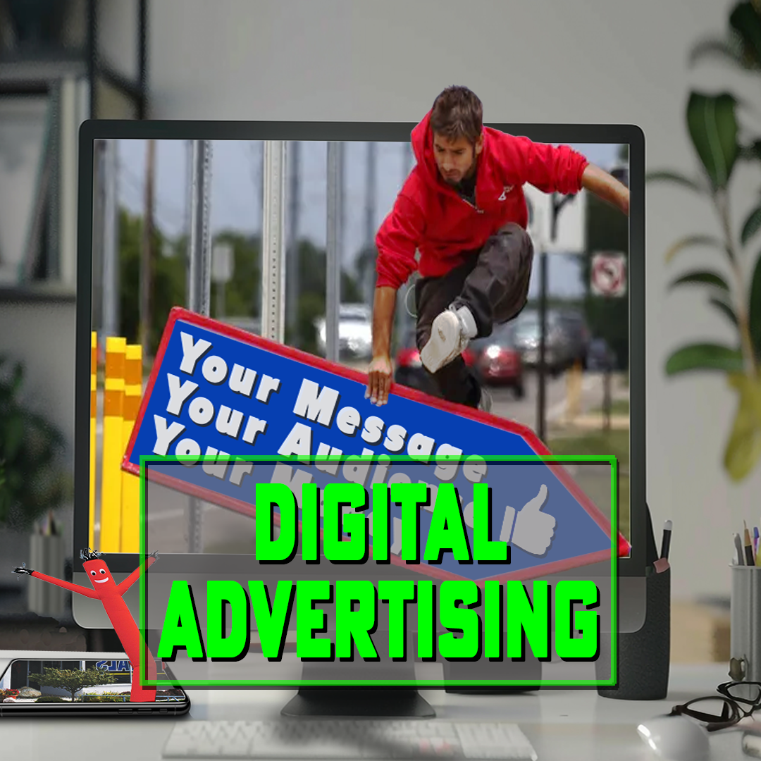 A computer monitor with a picture of a man holding a sign that says