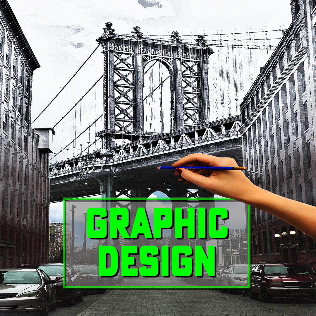 A person is drawing a bridge in a black and white photo.