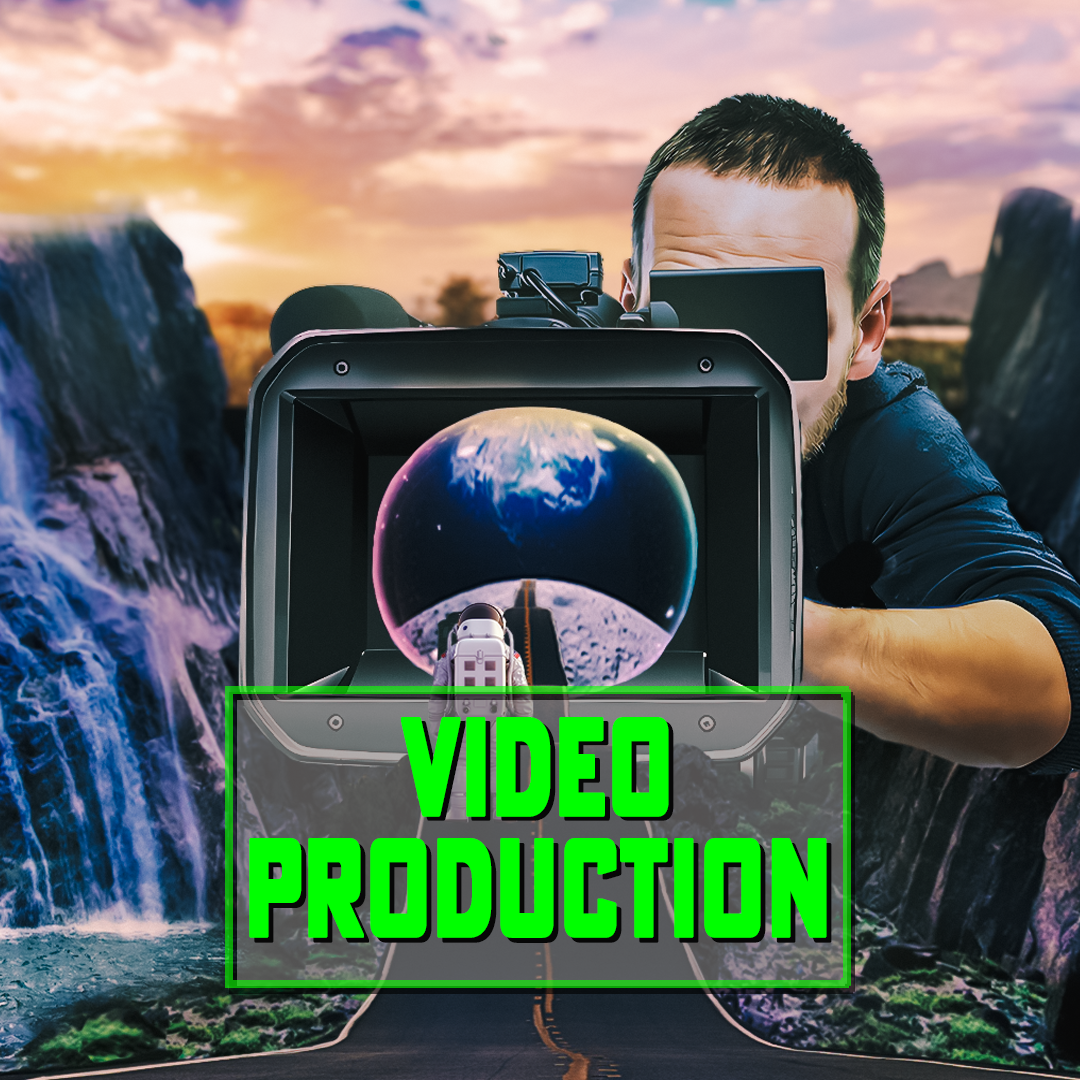 A man is holding a camera with the words videography and editing on the bottom