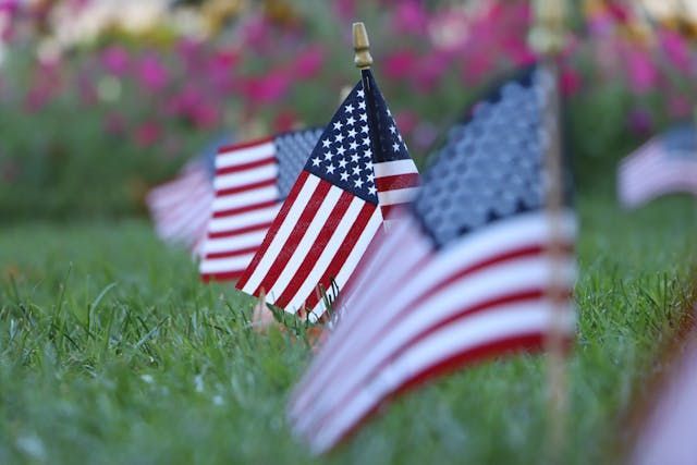 Small American flags line a grassy memorial display with cremation services in Taneytown, MD