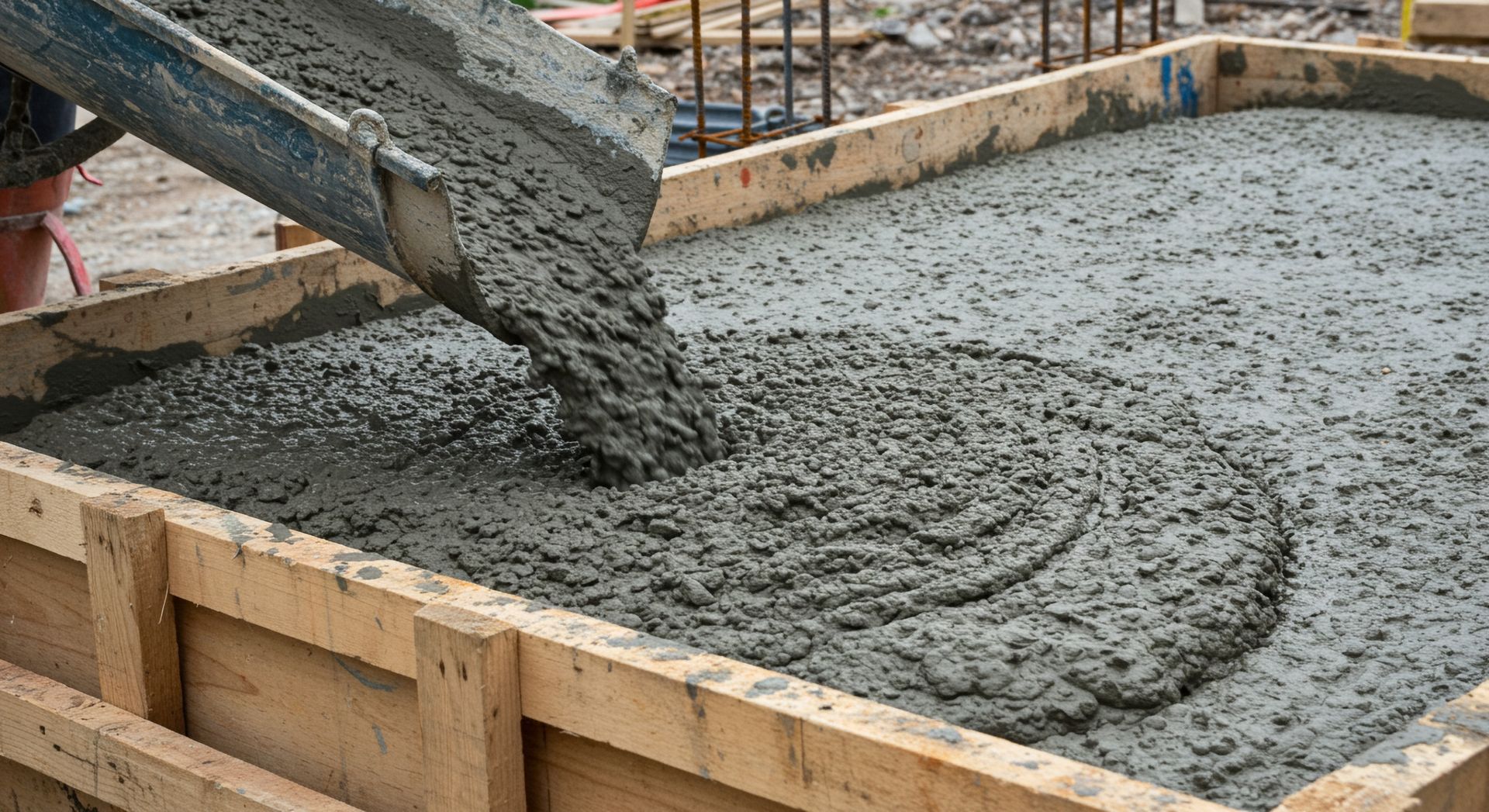Formwork being filled with wet concrete from a chute at a construction site.