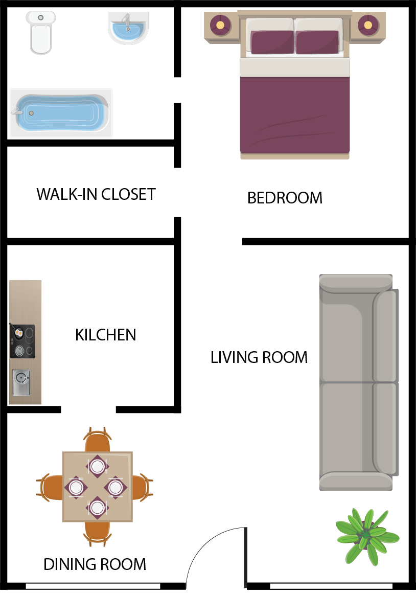 Floor plan of an apartment with bedroom, living room, kitchen, dining area, bathroom, and closet.