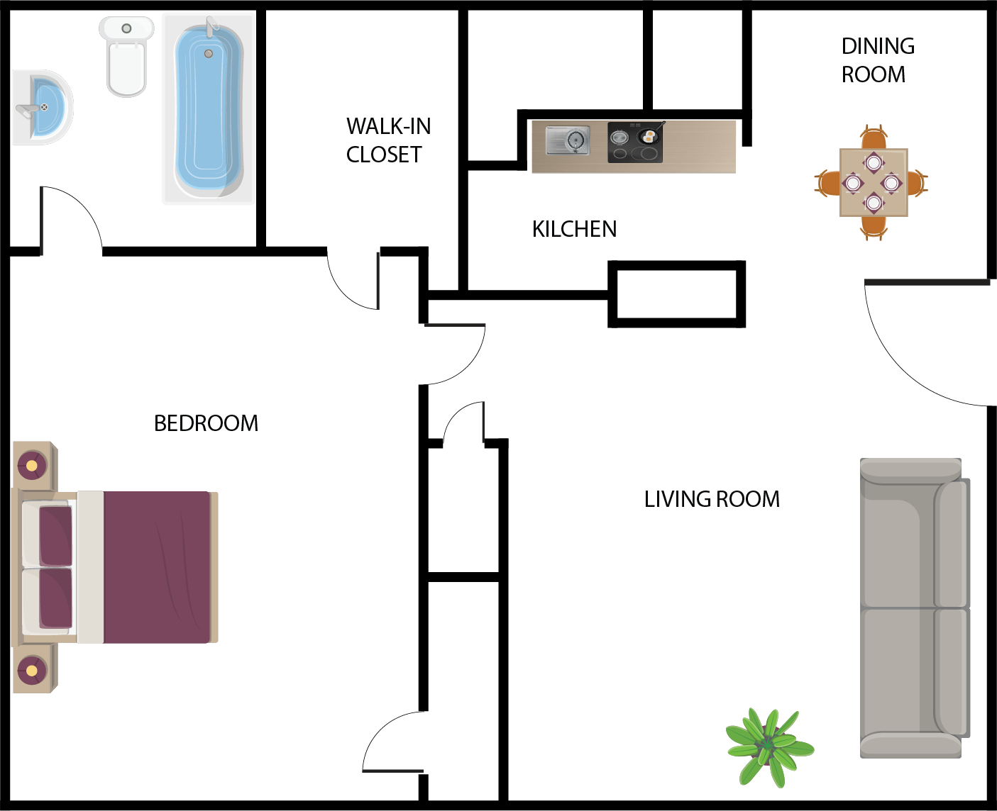 Floor plan of an apartment: bedroom, kitchen, dining area, living room, bathroom, and walk-in closet.