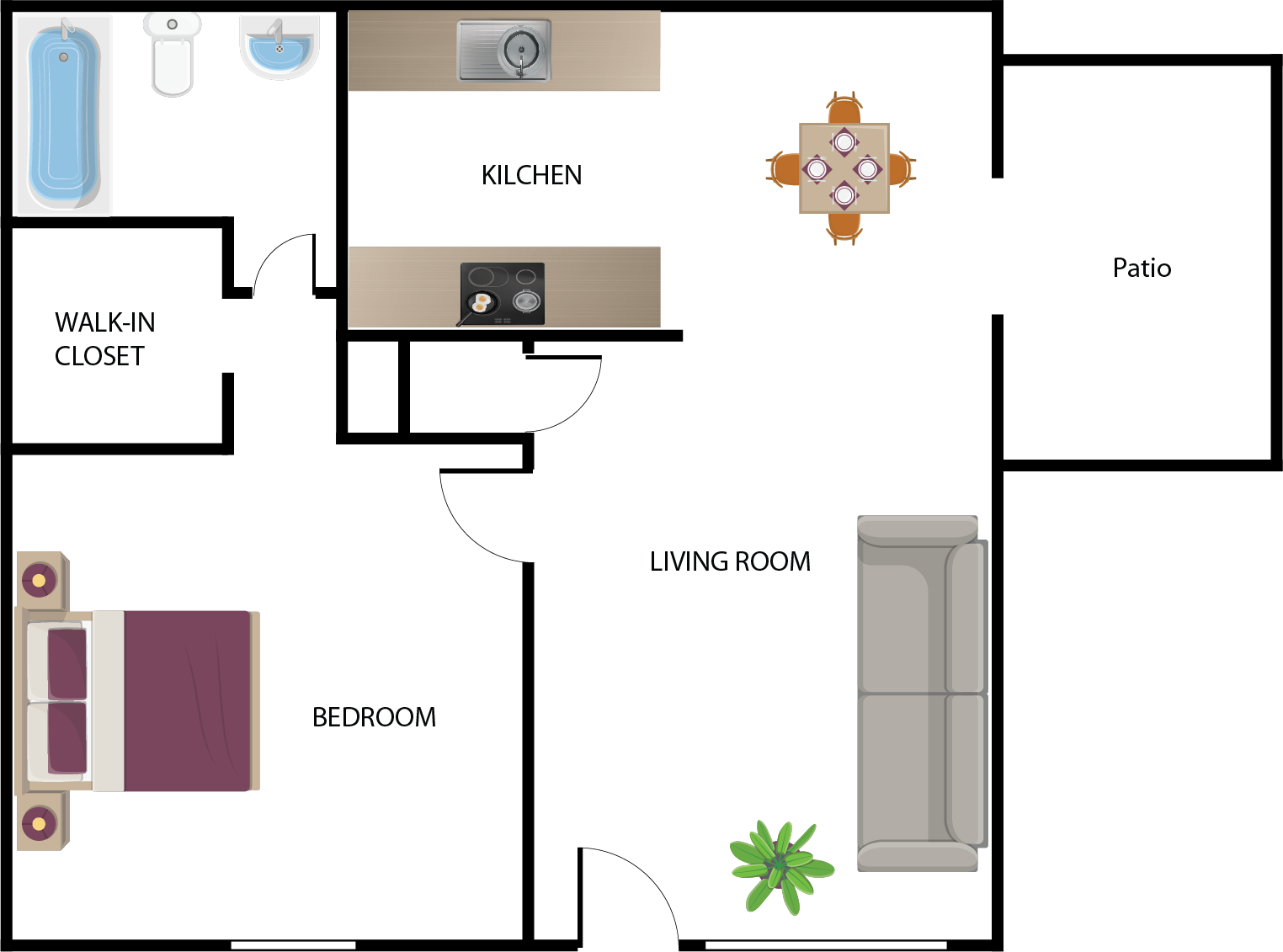 Floor plan of an apartment with bedroom, bathroom, kitchen, dining area, living room, and patio.