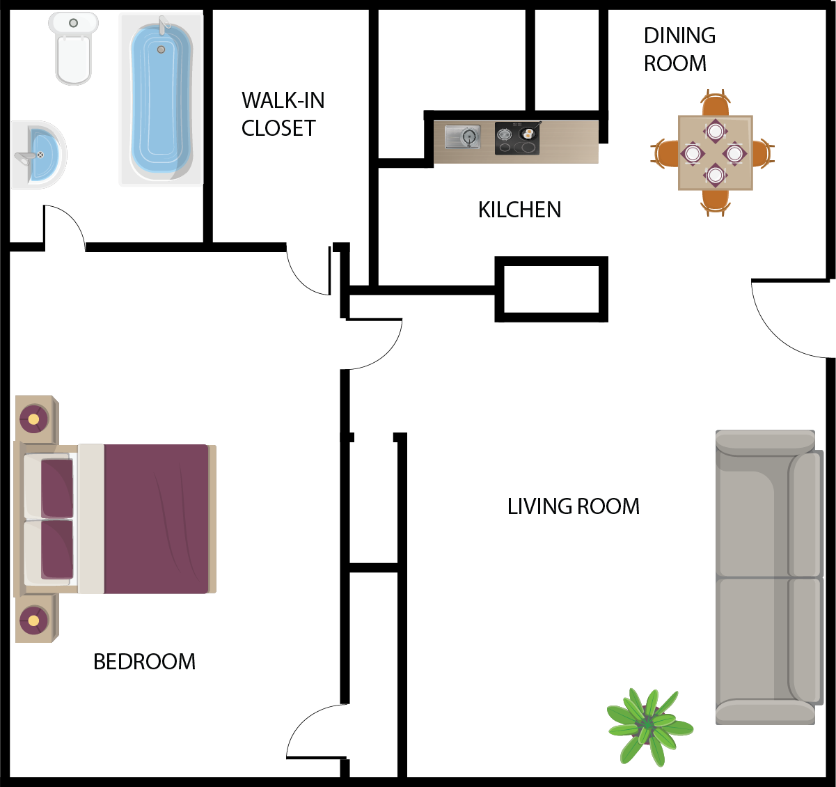 Floor plan of an apartment: bedroom, bathroom, kitchen, dining room, walk-in closet, and living room.