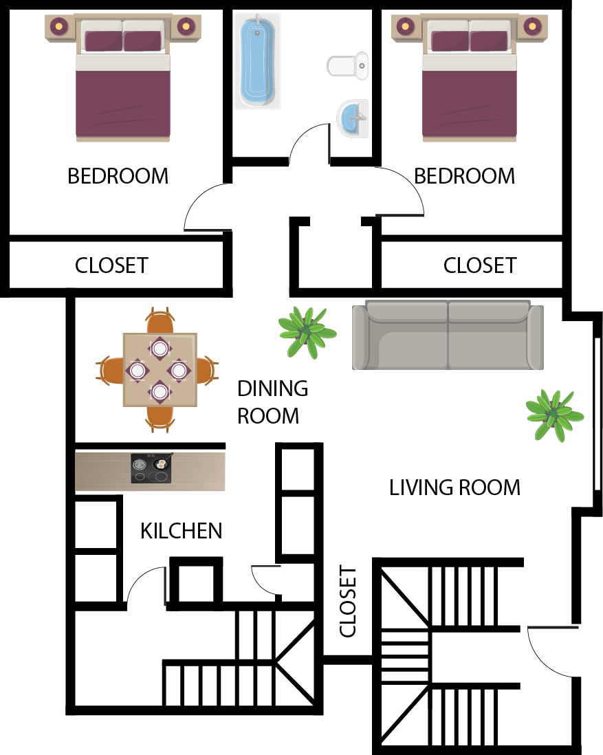 Floor plan: two bedrooms, bathroom, kitchen, dining, living room, closets, and stairs.