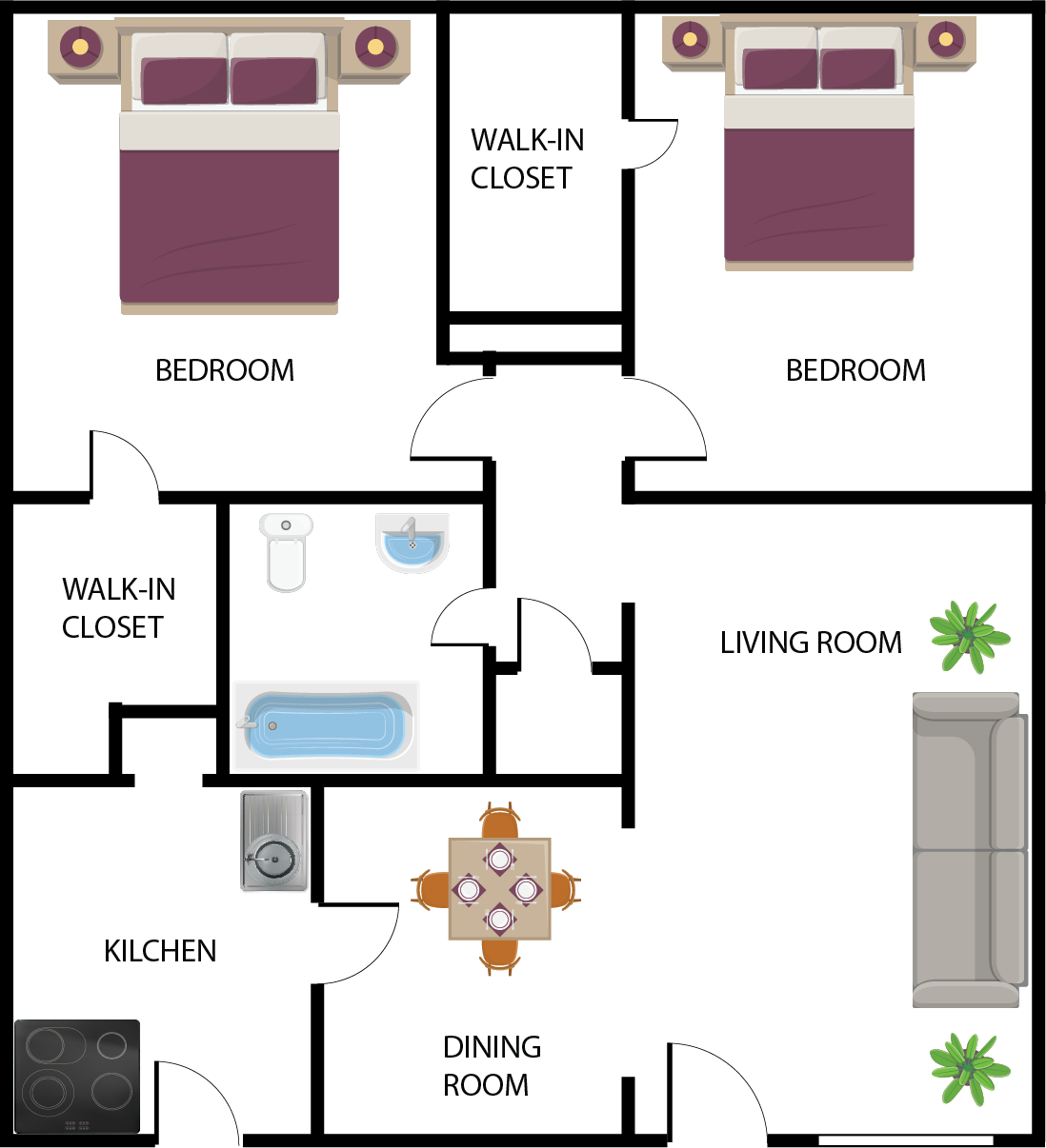 Floor plan of a two-bedroom apartment with living room, kitchen, dining room, and two walk-in closets.