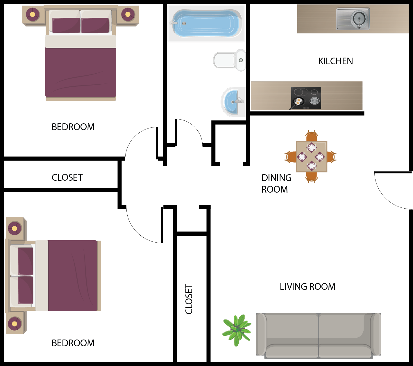 Floor plan of a two-bedroom apartment with a kitchen, bathroom, dining room, and living room.