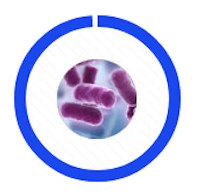 Blue circular progress ring around a microscope view of purple bacteria cells
