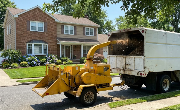 A professional tree service truck and wood chipper safely cleaning up branches after a tree removal in Harrisonburg VA.