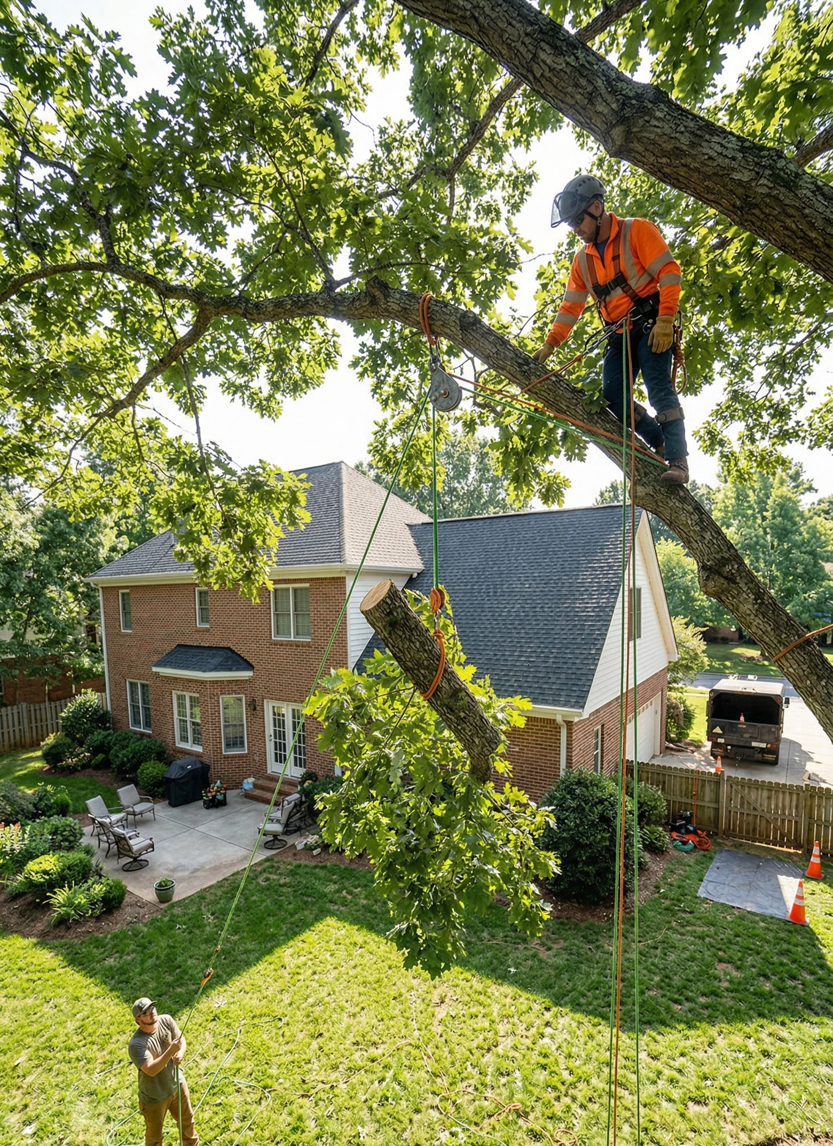 Professional tree removal worker safely lowering a branch with ropes in Harrisonburg VA.