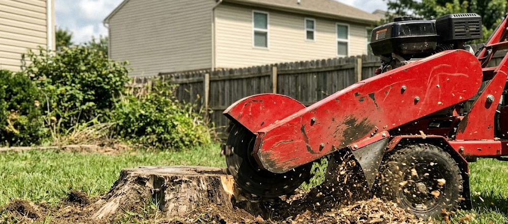 A heavy-duty stump grinder quickly removing an old tree stump from a local lawn.