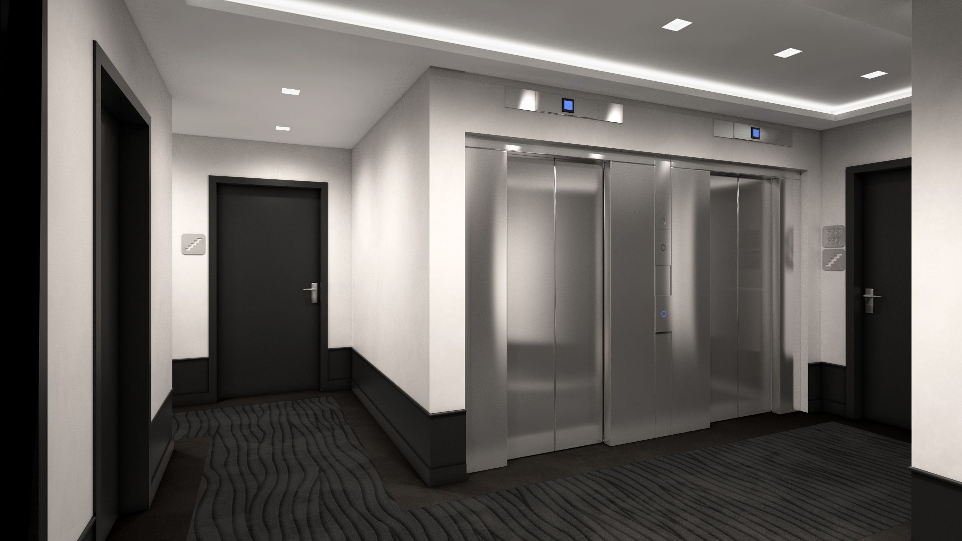 Un couloir avec des ascenseurs et des portes dans un immeuble réalisé par mes services d'architecte d'intérieur à Paris