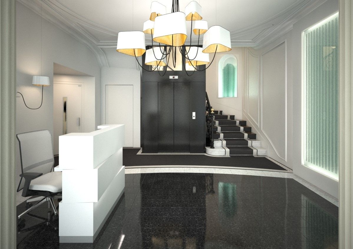 Un hall d'entrée avec des escaliers, un ascenseur et un lustre réalisé par mes services d'architecte d'intérieur à Paris