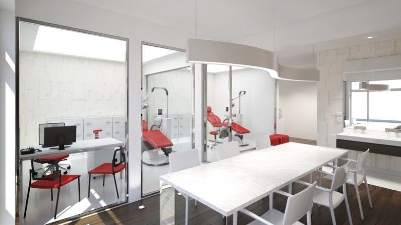 Une impression d'un cabinet dentaire avec une table et des chaises réalisé par mes services d'architecte d'intérieur