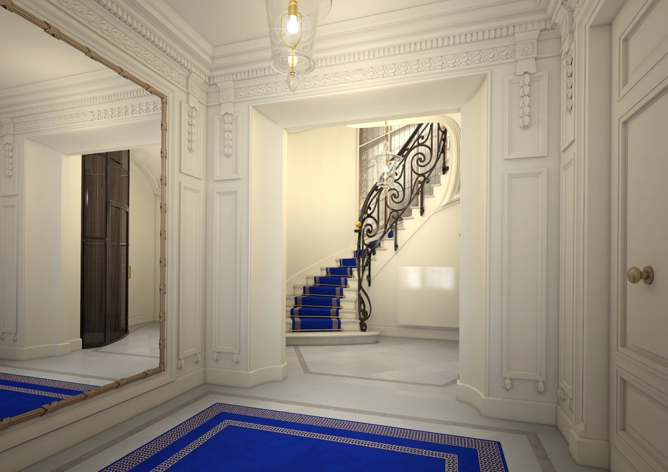 Un couloir avec un escalier et un tapis bleu réalisé par mes services d'architecte d'intérieur à Paris
