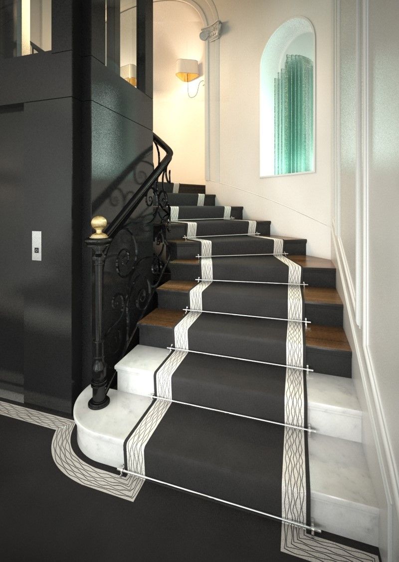 Un escalier noir et blanc avec un tapis noir  réalisé par mes services d'architecte d'intérieur
