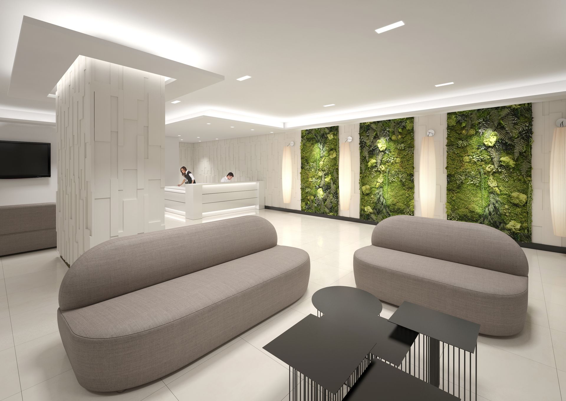 Un rendu d'un hall d'entrée avec un canapé et des tables réalisé par mes services d'architecte d'intérieur à Paris