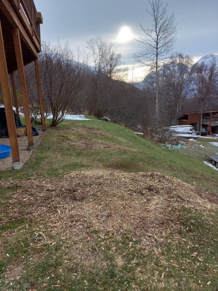 Grassy slope with wood chips, leading to trees and mountains under a cloudy sky.