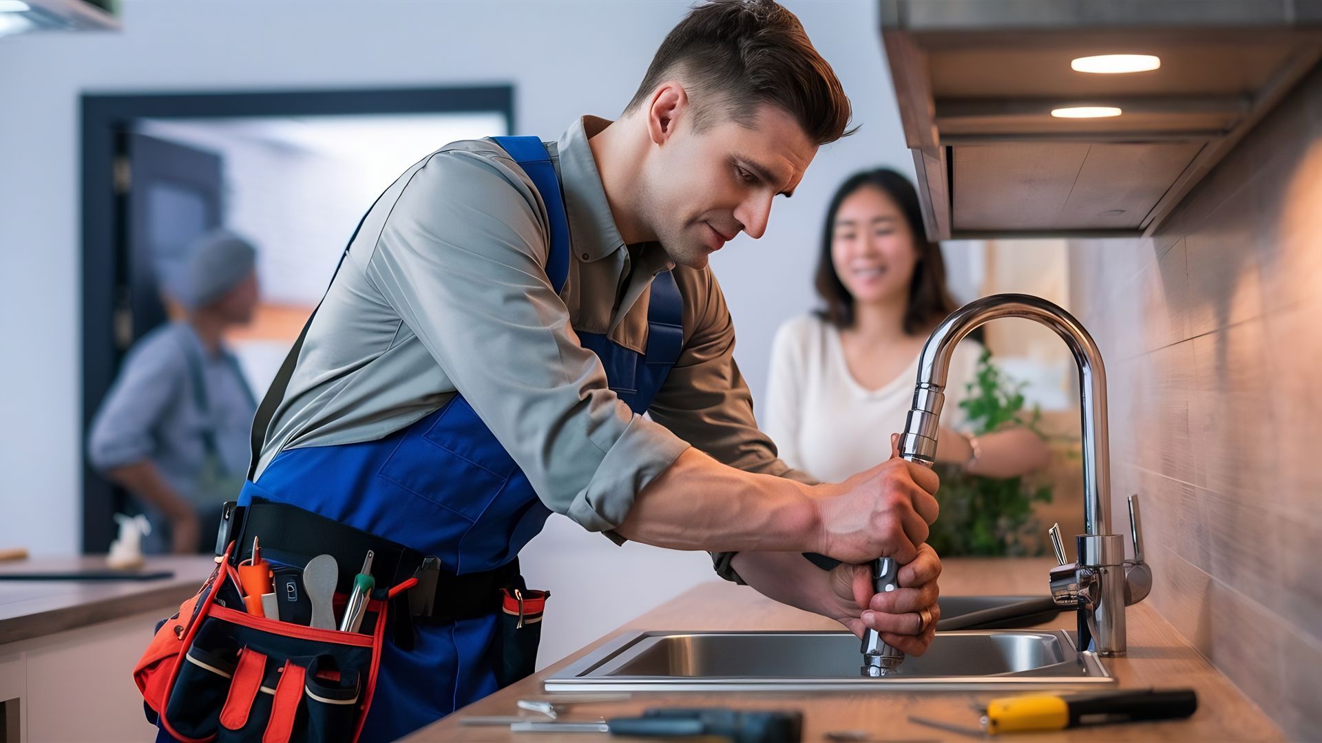 Un réparateur en uniforme bleu et ceinture à outils travaille sur un évier de cuisine tandis qu'une personne observe la scène en arrière-plan.