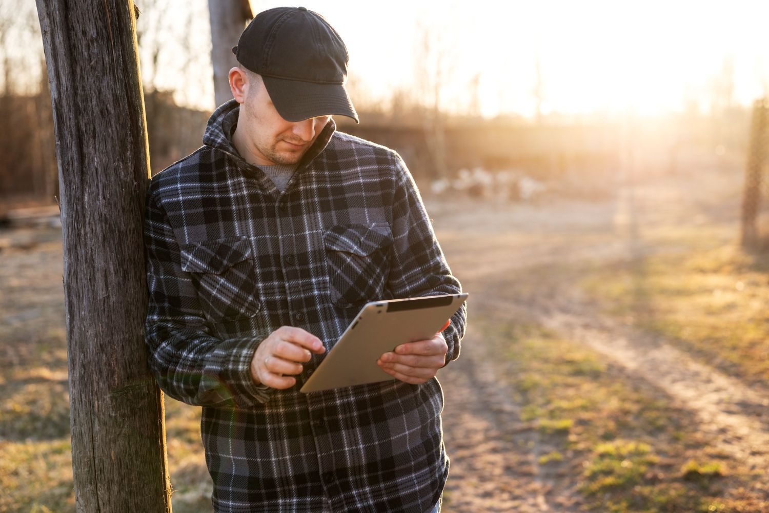 Man in plaid shirt and cap using a tablet outdoors, leaning against a wooden post. Sunlight in background.