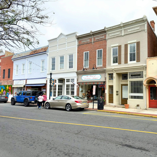 Skyline of a city with tall buildings under a blue sky, trees in the foreground.