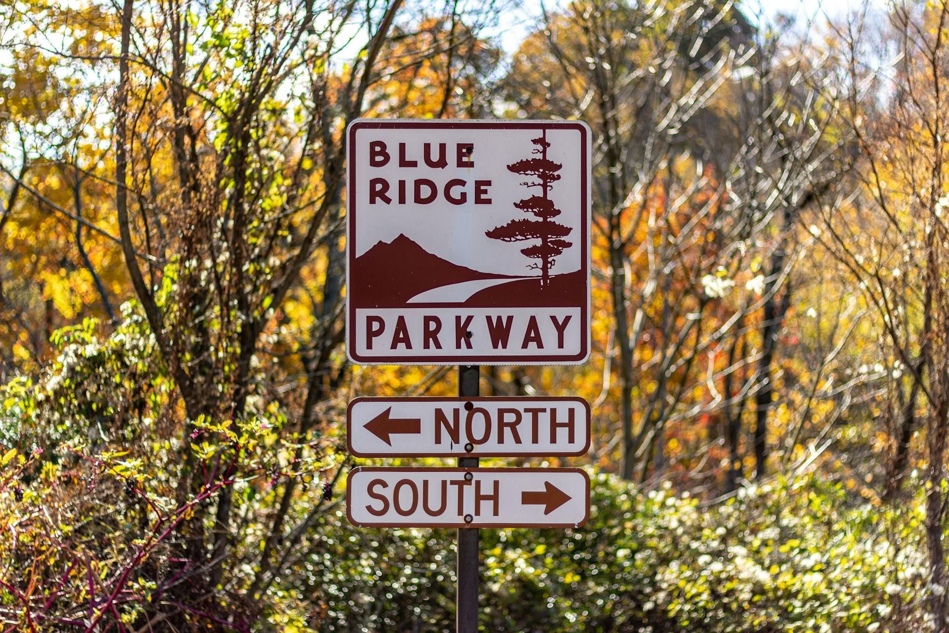 Sign for Blue Ridge Parkway, with directions North and South.