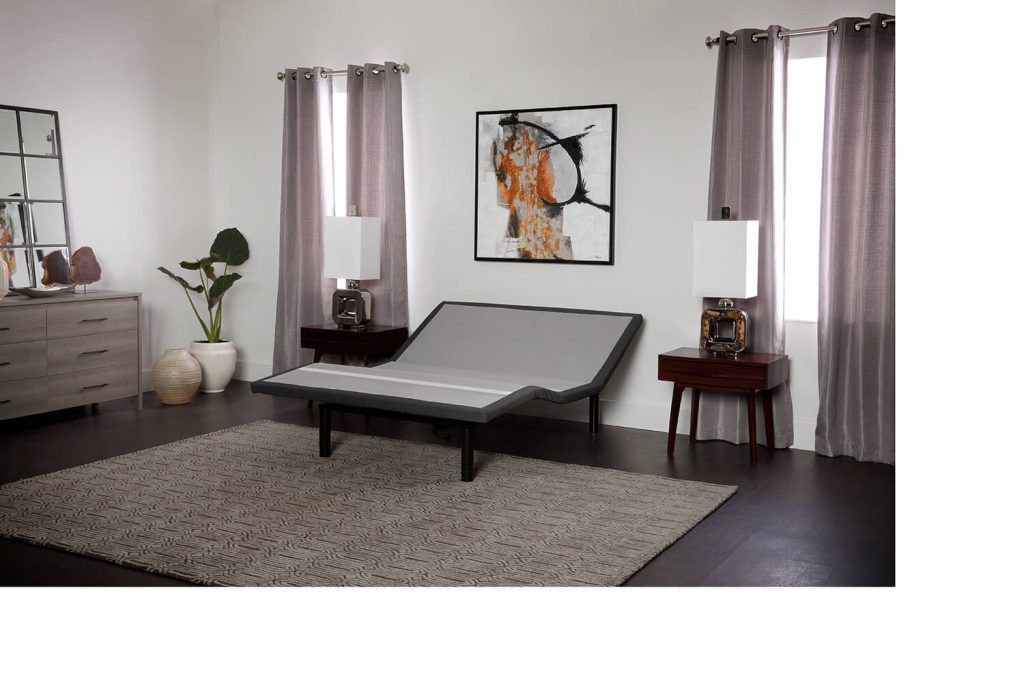 Un dormitorio con una cama ajustable gris y una alfombra.