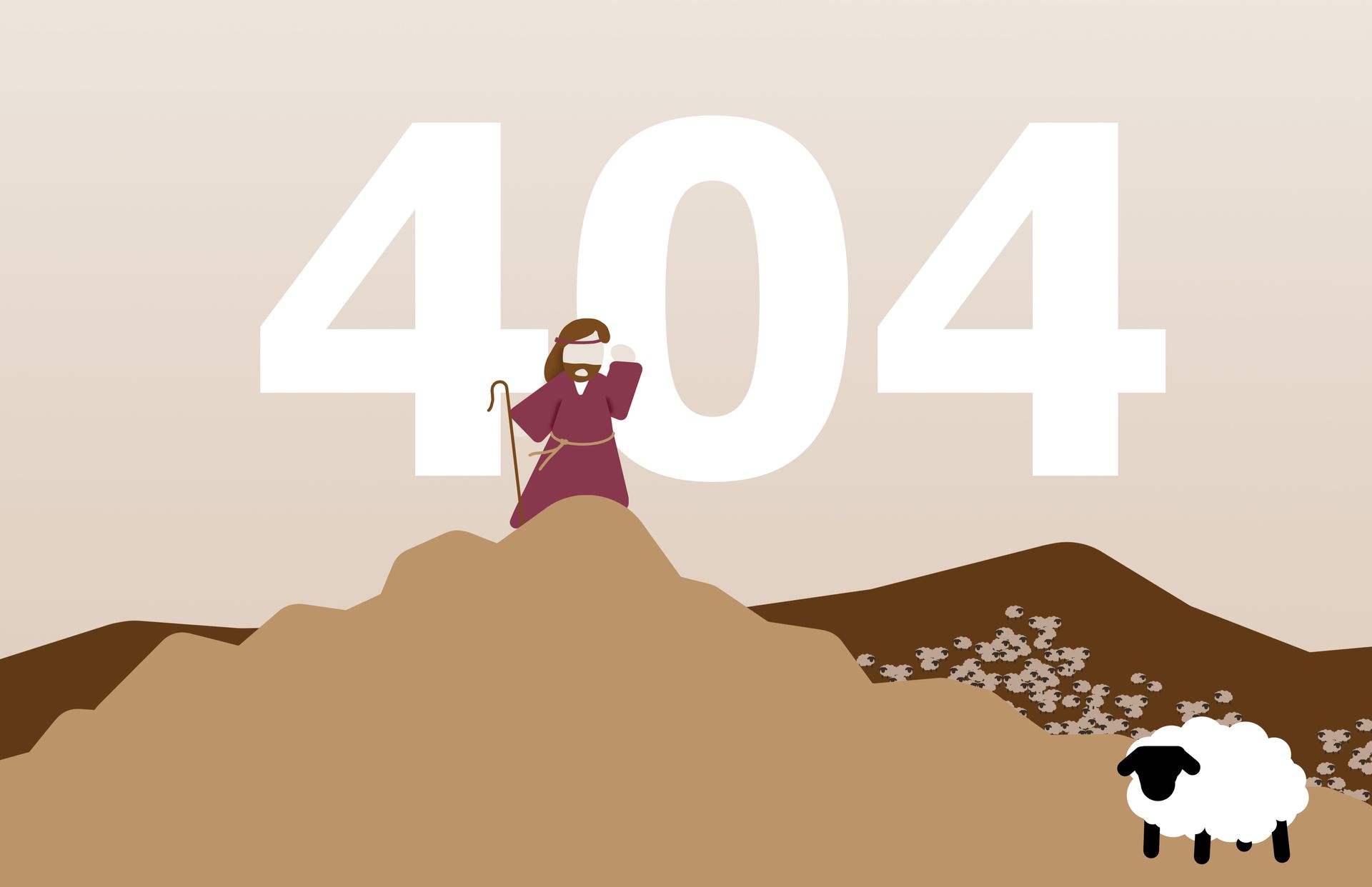 404 error: A shepherd searches from a hill, a lost sheep nearby. Brown and white tones.