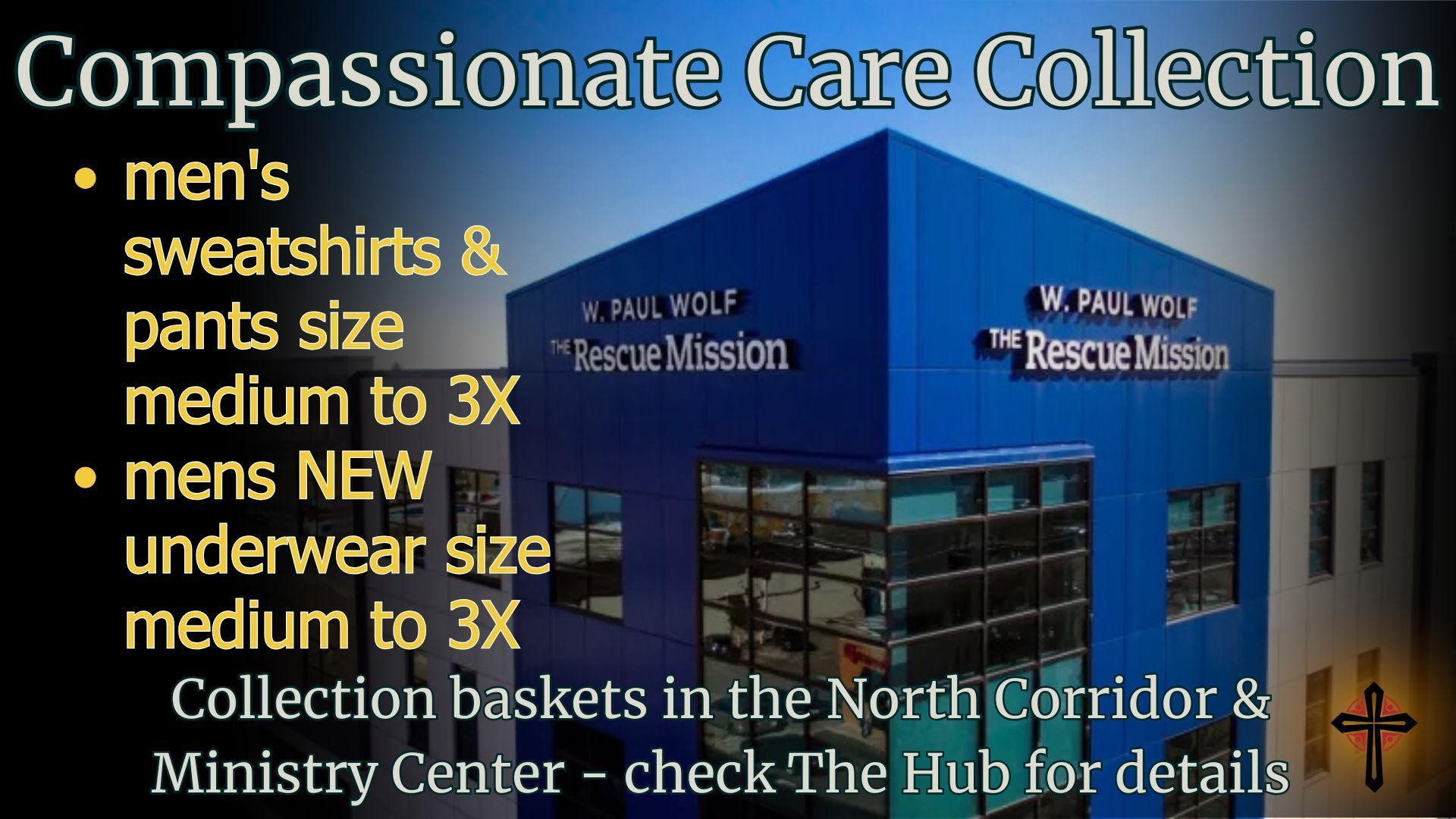 Advertisement: Sponsor Bibles & Hymnals for resource shelves. Sign up at Ministry Center.