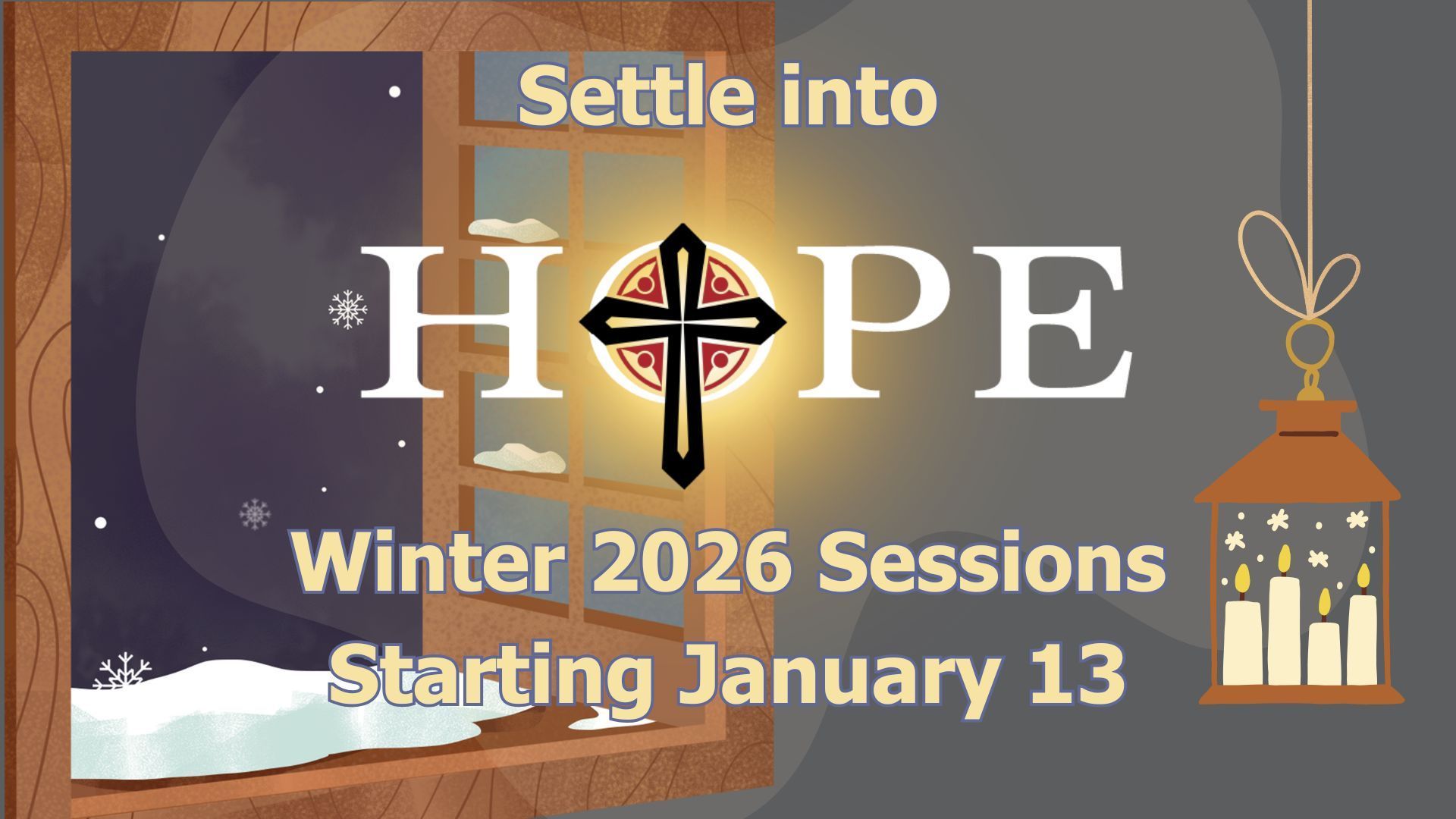 A person in religious garb shakes hands with a woman inside a church with a stained-glass window.