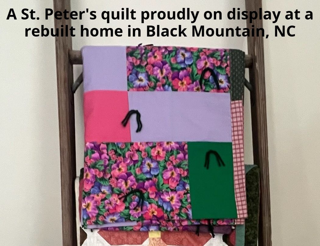 A St. Peter's knotted quilt proudly on display in a rebuilt home in Black Mountain, NC